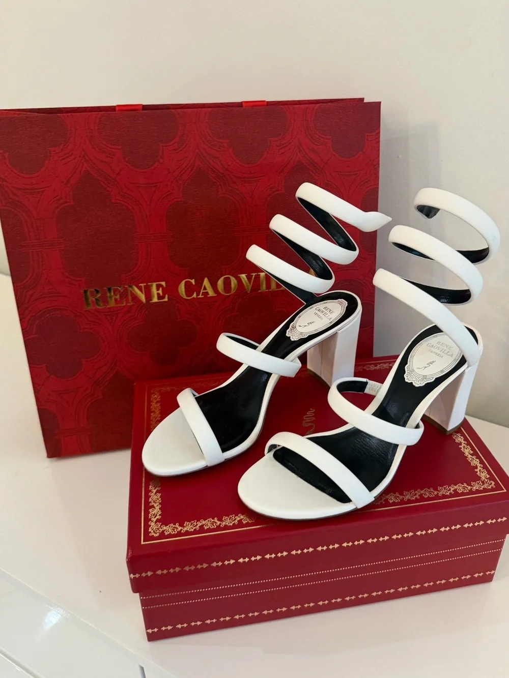 Rene Caovilla White Spiral Strap High-Heel Sandals - Picture 2 of 4